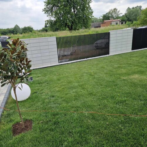 Starannie skoszony trawnik z małym drzewkiem i białą kulistą lampą ogrodową na pierwszym planie, otoczony nowoczesnym ogrodzeniem i zielenią w tle.