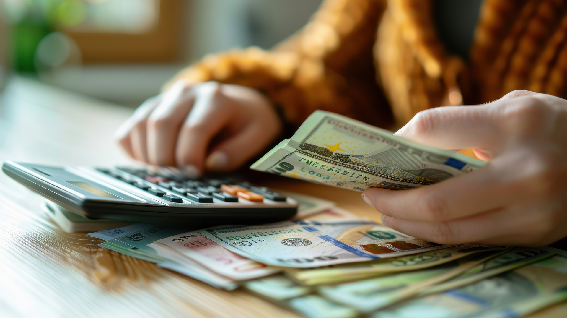 Osoba w brązowym swetrze liczy banknoty dolarowe i korzysta z kalkulatora, być może budżetując wydatki, takie jak trwałe ogrodzenia Małopolska, podczas gdy międzynarodowe banknoty są rozłożone na stole.