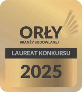 Złota odznaka z napisem Orły Branży Budowlanej i stylizowanym logo skrzydła nad czarnym paskiem z napisem Laureat Konkursu i rokiem 2025 poniżej, honorująca doskonałość w montażu ogrodzeń Kraków i ogrodzeń kompozytowych.