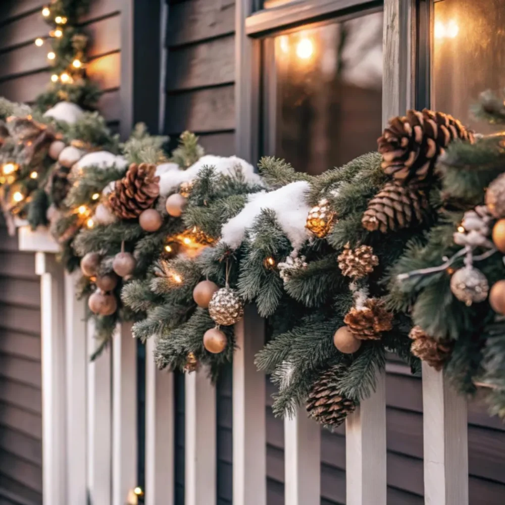 Świąteczna girlanda sosnowa ze światełkami, szyszkami i złotymi ornamentami zdobi balustradę ganku - świąteczne ogrodzenia w stylu krakowskim. Śnieg na zieleni i ciepłe światła dodają przytulnego świątecznego akcentu na tle ciemnej bocznicy i okien.