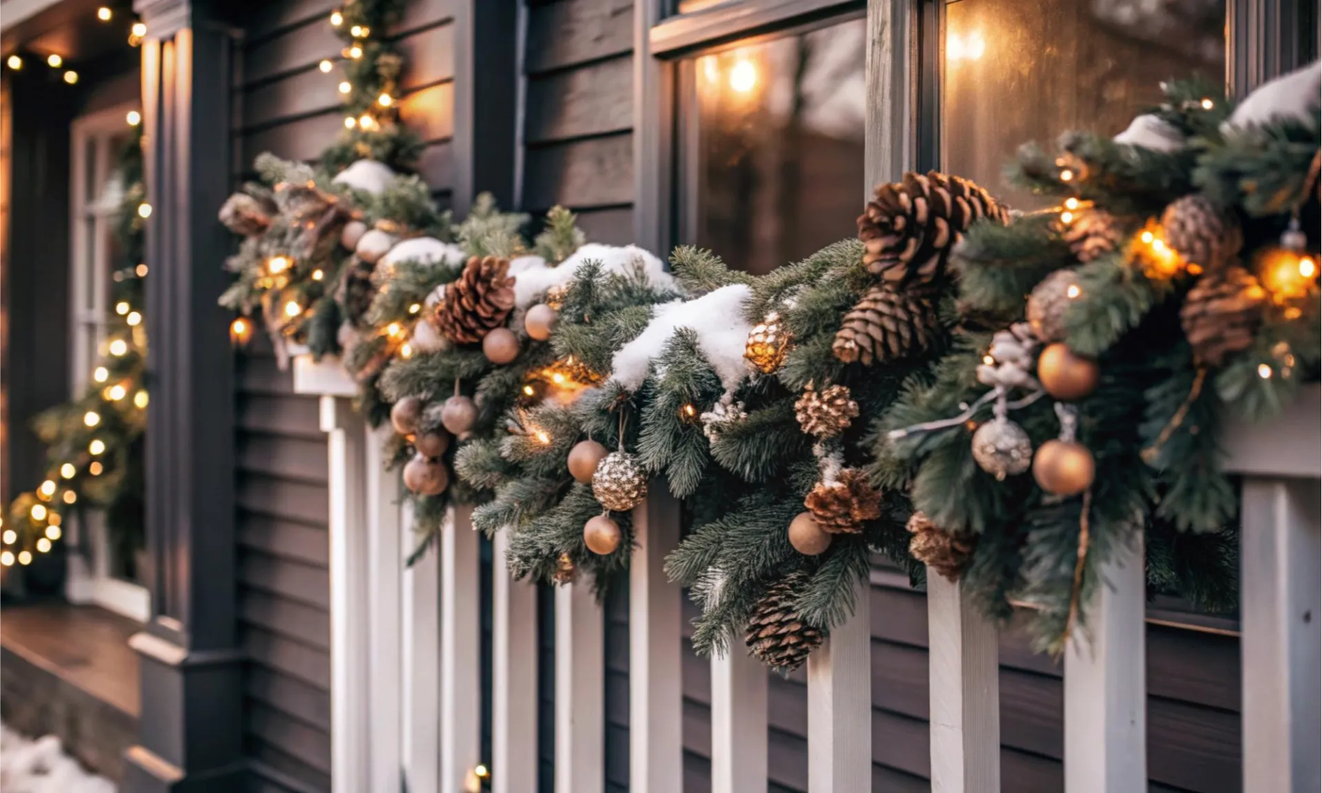Świąteczna girlanda sosnowa ze światełkami, szyszkami i złotymi ornamentami zdobi balustradę ganku - świąteczne ogrodzenia w stylu krakowskim. Śnieg na zieleni i ciepłe światła dodają przytulnego świątecznego akcentu na tle ciemnej bocznicy i okien.